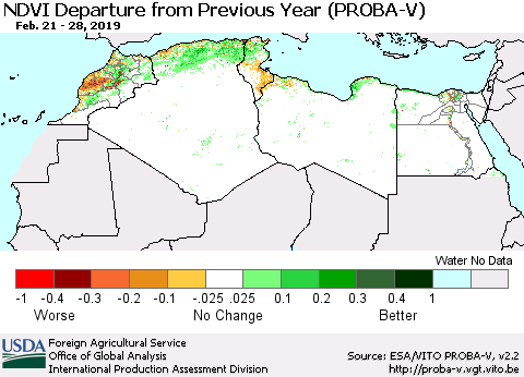 North Africa NDVI Departure from Previous Year (PROBA-V) Thematic Map For 2/21/2019 - 2/28/2019