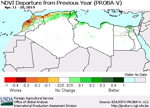 North Africa NDVI Departure from Previous Year (PROBA-V) Thematic Map For 4/11/2019 - 4/20/2019