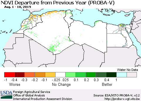 North Africa NDVI Departure from Previous Year (PROBA-V) Thematic Map For 8/1/2019 - 8/10/2019