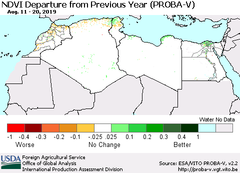 North Africa NDVI Departure from Previous Year (PROBA-V) Thematic Map For 8/11/2019 - 8/20/2019