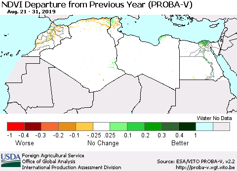 North Africa NDVI Departure from Previous Year (PROBA-V) Thematic Map For 8/21/2019 - 8/31/2019
