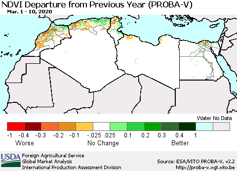 North Africa NDVI Departure from Previous Year (PROBA-V) Thematic Map For 3/1/2020 - 3/10/2020