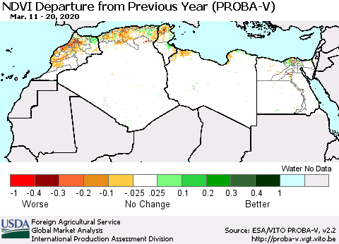 North Africa NDVI Departure from Previous Year (PROBA-V) Thematic Map For 3/11/2020 - 3/20/2020