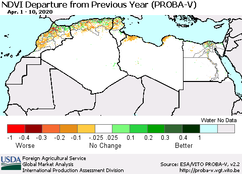 North Africa NDVI Departure from Previous Year (PROBA-V) Thematic Map For 4/1/2020 - 4/10/2020