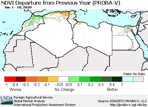 North Africa NDVI Departure from Previous Year (PROBA-V) Thematic Map For 6/1/2020 - 6/10/2020