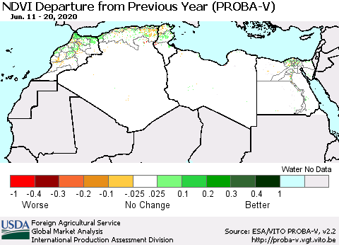 North Africa NDVI Departure from Previous Year (PROBA-V) Thematic Map For 6/11/2020 - 6/20/2020