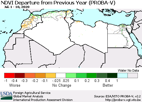 North Africa NDVI Departure from Previous Year (PROBA-V) Thematic Map For 7/1/2020 - 7/10/2020