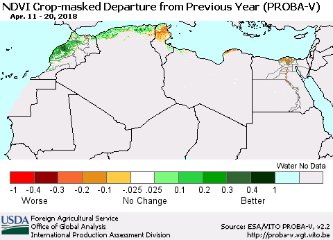 North Africa NDVI Crop-masked Departure from Previous Year (PROBA-V) Thematic Map For 4/11/2018 - 4/20/2018