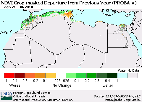 North Africa NDVI Crop-masked Departure from Previous Year (PROBA-V) Thematic Map For 4/21/2018 - 4/30/2018