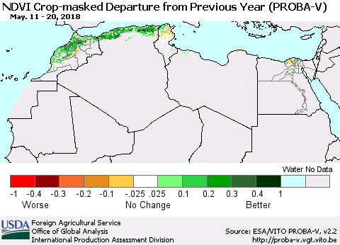 North Africa NDVI Crop-masked Departure from Previous Year (PROBA-V) Thematic Map For 5/11/2018 - 5/20/2018
