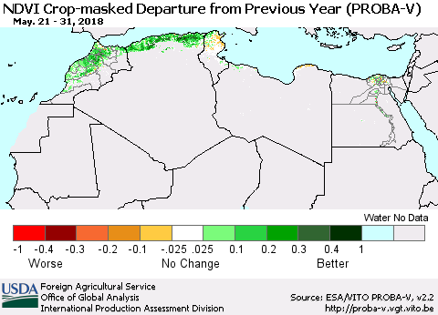 North Africa NDVI Crop-masked Departure from Previous Year (PROBA-V) Thematic Map For 5/21/2018 - 5/31/2018
