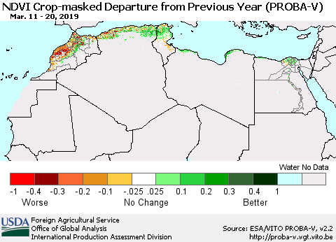 North Africa NDVI Crop-masked Departure from Previous Year (PROBA-V) Thematic Map For 3/11/2019 - 3/20/2019