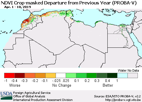 North Africa NDVI Crop-masked Departure from Previous Year (PROBA-V) Thematic Map For 4/1/2019 - 4/10/2019