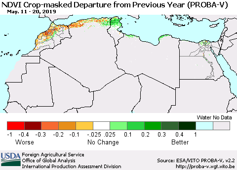 North Africa NDVI Crop-masked Departure from Previous Year (PROBA-V) Thematic Map For 5/11/2019 - 5/20/2019
