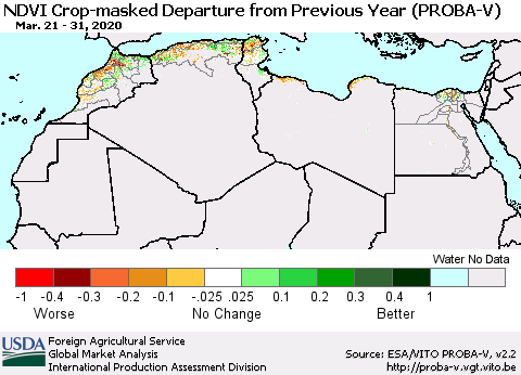 North Africa NDVI Crop-masked Departure from Previous Year (PROBA-V) Thematic Map For 3/21/2020 - 3/31/2020