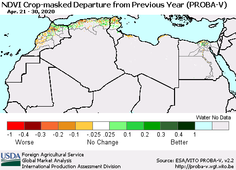 North Africa NDVI Crop-masked Departure from Previous Year (PROBA-V) Thematic Map For 4/21/2020 - 4/30/2020
