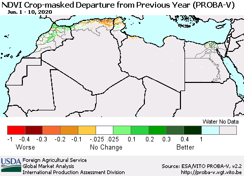 North Africa NDVI Crop-masked Departure from Previous Year (PROBA-V) Thematic Map For 6/1/2020 - 6/10/2020