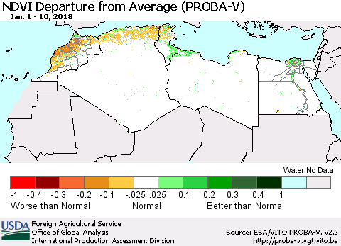 North Africa NDVI Departure from Average (PROBA-V) Thematic Map For 1/1/2018 - 1/10/2018