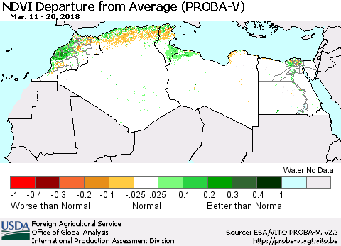 North Africa NDVI Departure from Average (PROBA-V) Thematic Map For 3/11/2018 - 3/20/2018
