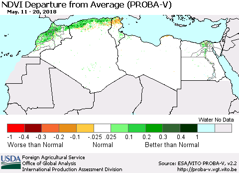 North Africa NDVI Departure from Average (PROBA-V) Thematic Map For 5/11/2018 - 5/20/2018