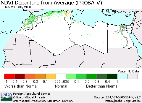 North Africa NDVI Departure from Average (PROBA-V) Thematic Map For 6/21/2018 - 6/30/2018