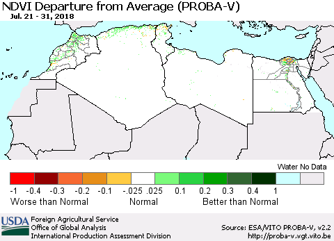 North Africa NDVI Departure from Average (PROBA-V) Thematic Map For 7/21/2018 - 7/31/2018
