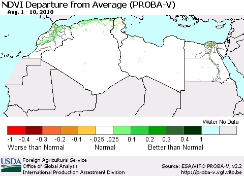 North Africa NDVI Departure from Average (PROBA-V) Thematic Map For 8/1/2018 - 8/10/2018