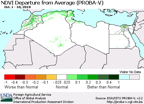 North Africa NDVI Departure from Average (PROBA-V) Thematic Map For 10/1/2018 - 10/10/2018