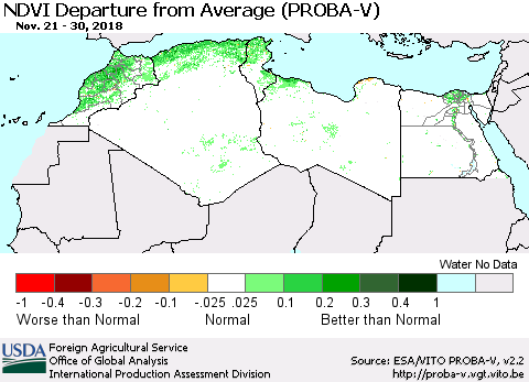 North Africa NDVI Departure from Average (PROBA-V) Thematic Map For 11/21/2018 - 11/30/2018
