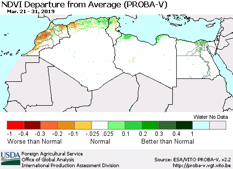 North Africa NDVI Departure from Average (PROBA-V) Thematic Map For 3/21/2019 - 3/31/2019