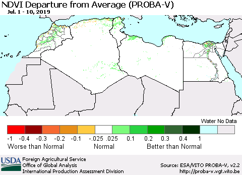 North Africa NDVI Departure from Average (PROBA-V) Thematic Map For 7/1/2019 - 7/10/2019