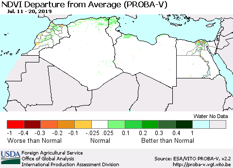 North Africa NDVI Departure from Average (PROBA-V) Thematic Map For 7/11/2019 - 7/20/2019