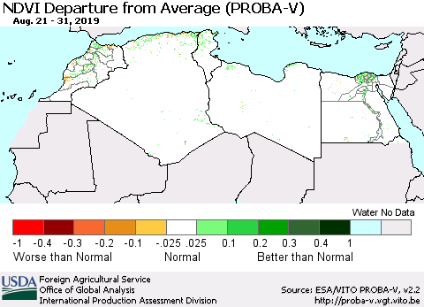North Africa NDVI Departure from Average (PROBA-V) Thematic Map For 8/21/2019 - 8/31/2019
