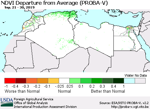 North Africa NDVI Departure from Average (PROBA-V) Thematic Map For 9/21/2019 - 9/30/2019