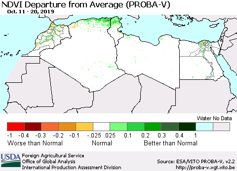 North Africa NDVI Departure from Average (PROBA-V) Thematic Map For 10/11/2019 - 10/20/2019