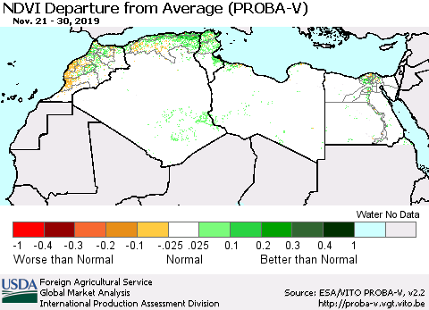 North Africa NDVI Departure from Average (PROBA-V) Thematic Map For 11/21/2019 - 11/30/2019