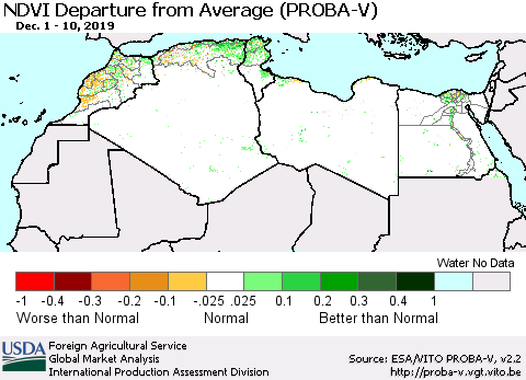 North Africa NDVI Departure from Average (PROBA-V) Thematic Map For 12/1/2019 - 12/10/2019