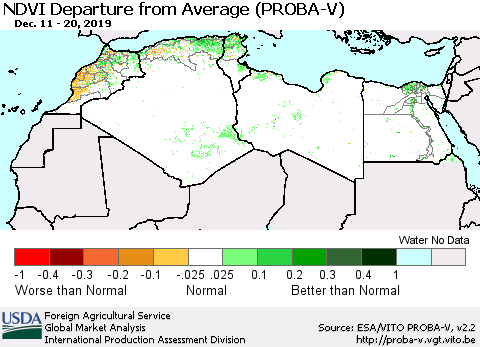 North Africa NDVI Departure from Average (PROBA-V) Thematic Map For 12/11/2019 - 12/20/2019