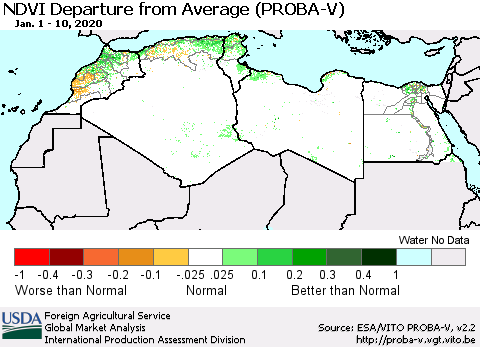 North Africa NDVI Departure from Average (PROBA-V) Thematic Map For 1/1/2020 - 1/10/2020