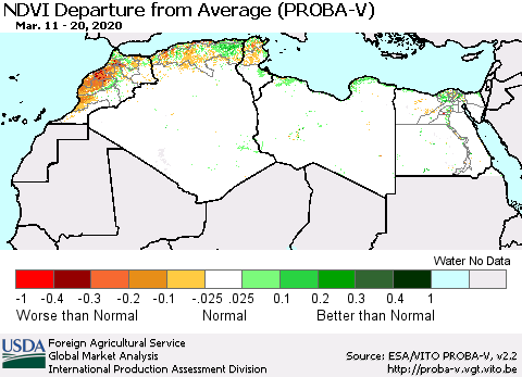 North Africa NDVI Departure from Average (PROBA-V) Thematic Map For 3/11/2020 - 3/20/2020