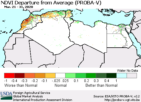 North Africa NDVI Departure from Average (PROBA-V) Thematic Map For 3/21/2020 - 3/31/2020