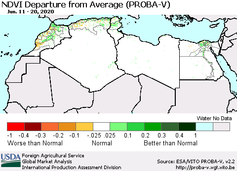 North Africa NDVI Departure from Average (PROBA-V) Thematic Map For 6/11/2020 - 6/20/2020