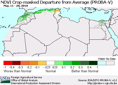 North Africa NDVI Crop-masked Departure from Average (PROBA-V) Thematic Map For 5/11/2018 - 5/20/2018