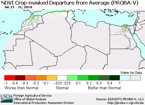 North Africa NDVI Crop-masked Departure from Average (PROBA-V) Thematic Map For 7/21/2018 - 7/31/2018