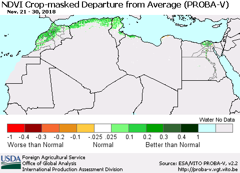 North Africa NDVI Crop-masked Departure from Average (PROBA-V) Thematic Map For 11/21/2018 - 11/30/2018