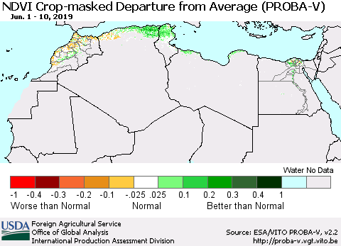 North Africa NDVI Crop-masked Departure from Average (PROBA-V) Thematic Map For 6/1/2019 - 6/10/2019