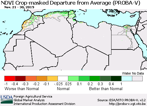 North Africa NDVI Crop-masked Departure from Average (PROBA-V) Thematic Map For 11/21/2019 - 11/30/2019