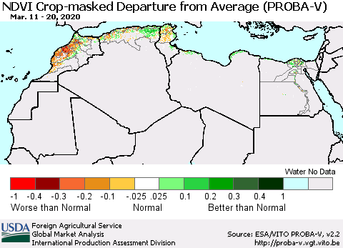 North Africa NDVI Crop-masked Departure from Average (PROBA-V) Thematic Map For 3/11/2020 - 3/20/2020