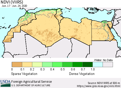 North Africa NDVI (VIIRS) Thematic Map For 6/21/2020 - 6/30/2020