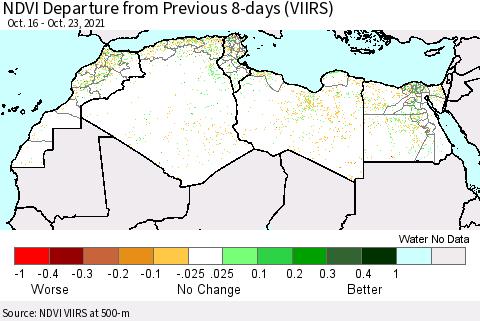 North Africa NDVI Departure from Previous 8-days (VIIRS) Thematic Map For 10/16/2021 - 10/23/2021